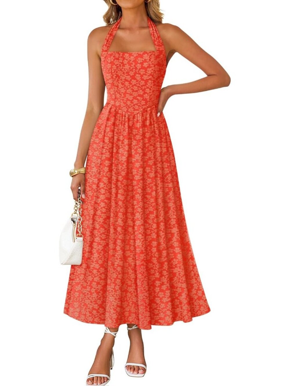 Women's Orange Floral Halter Maxi Sleeveless Flowy A-Line Formal Dress